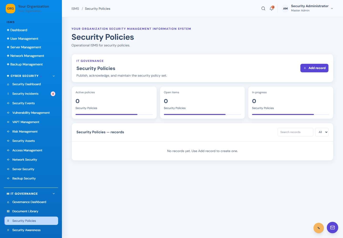 Security Policies screen: Security policies