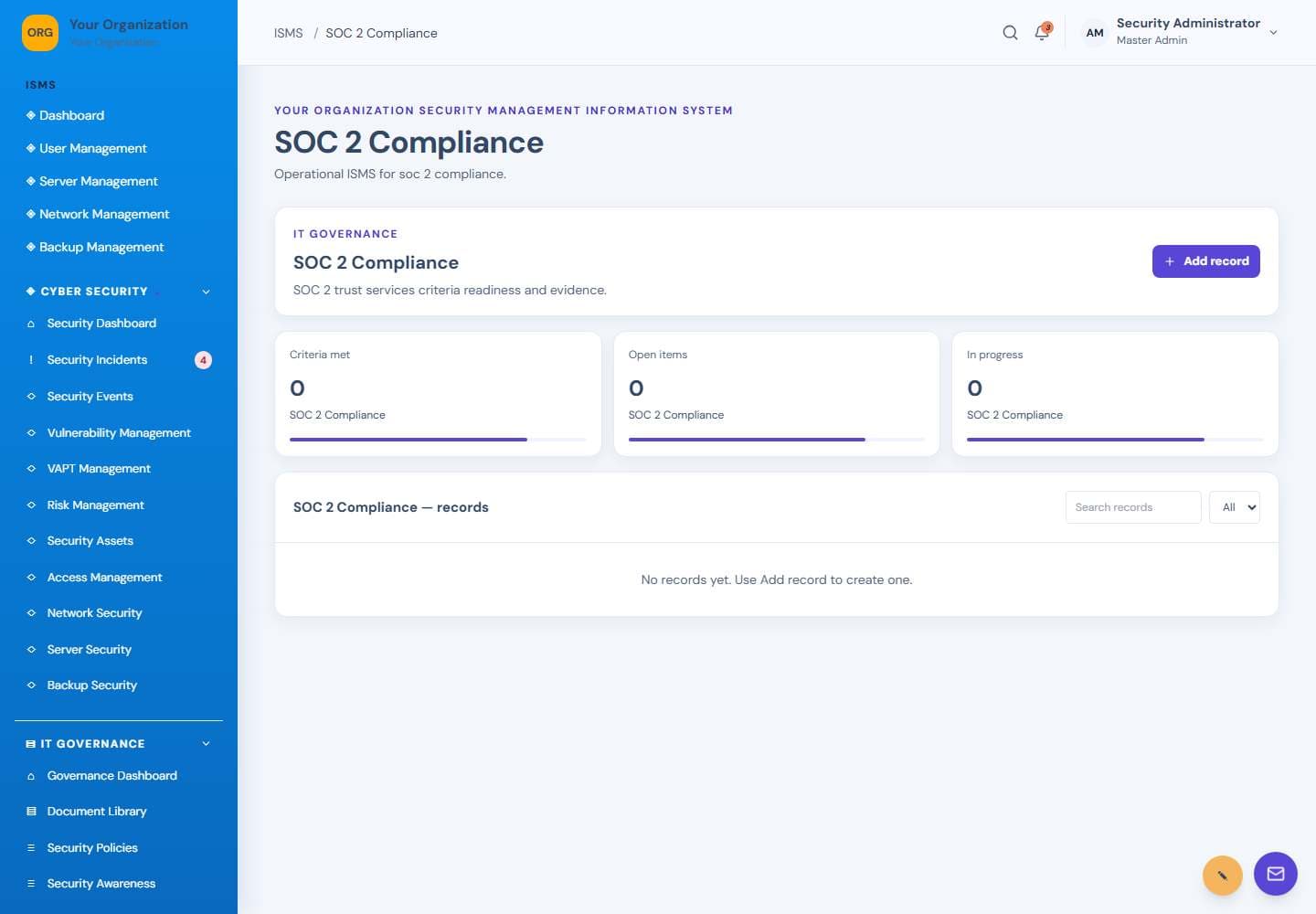 SOC 2 Compliance screen: SOC 2 compliance