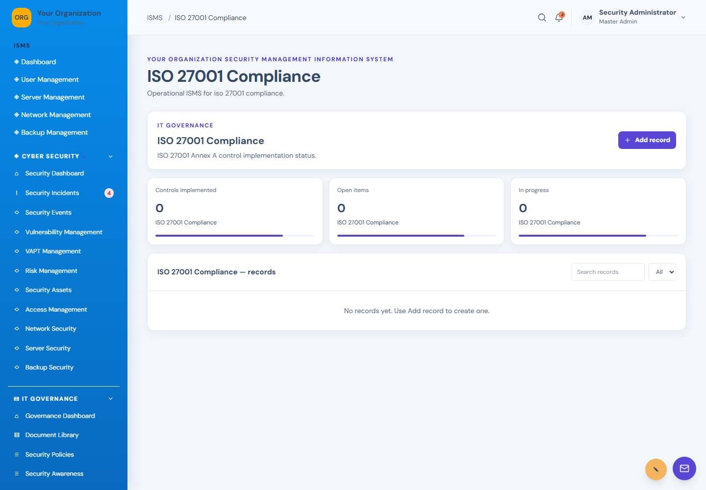 ISO 27001 Compliance screen: ISO 27001 compliance