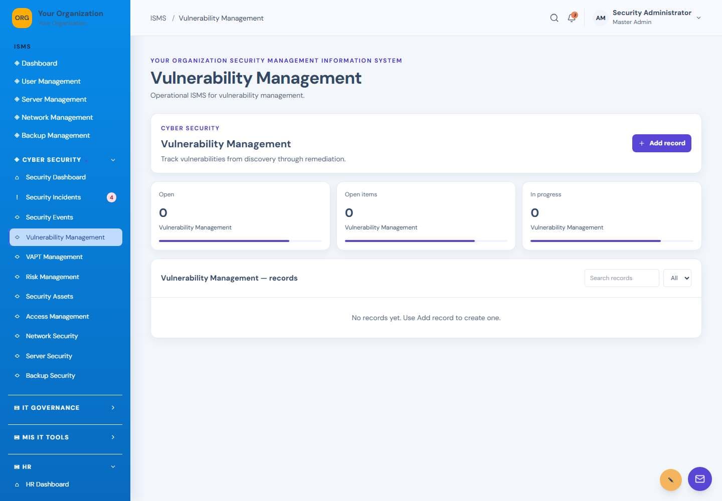 Vulnerability Management screen: Vulnerability management