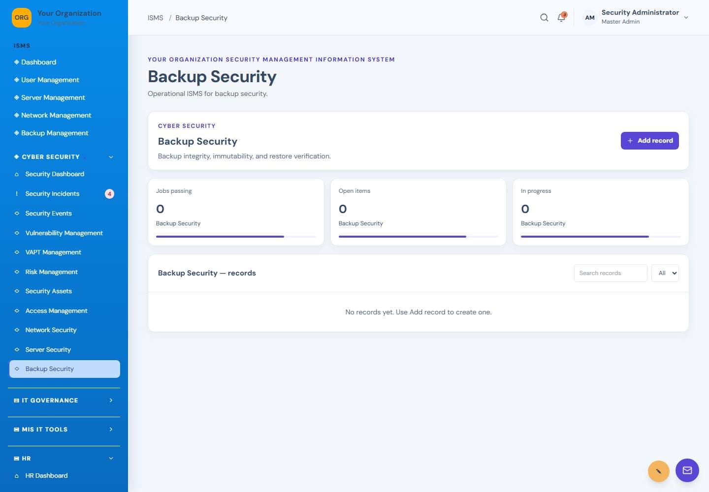 Backup Security screen: Backup security