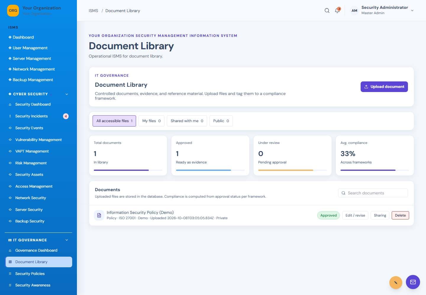 Document Library screen: Document library