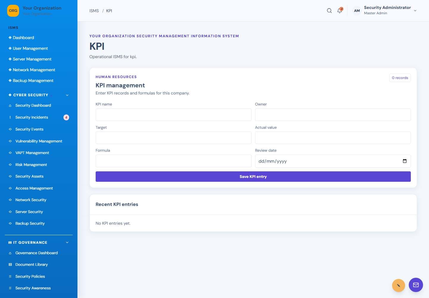 KPI screen: Key performance indicators