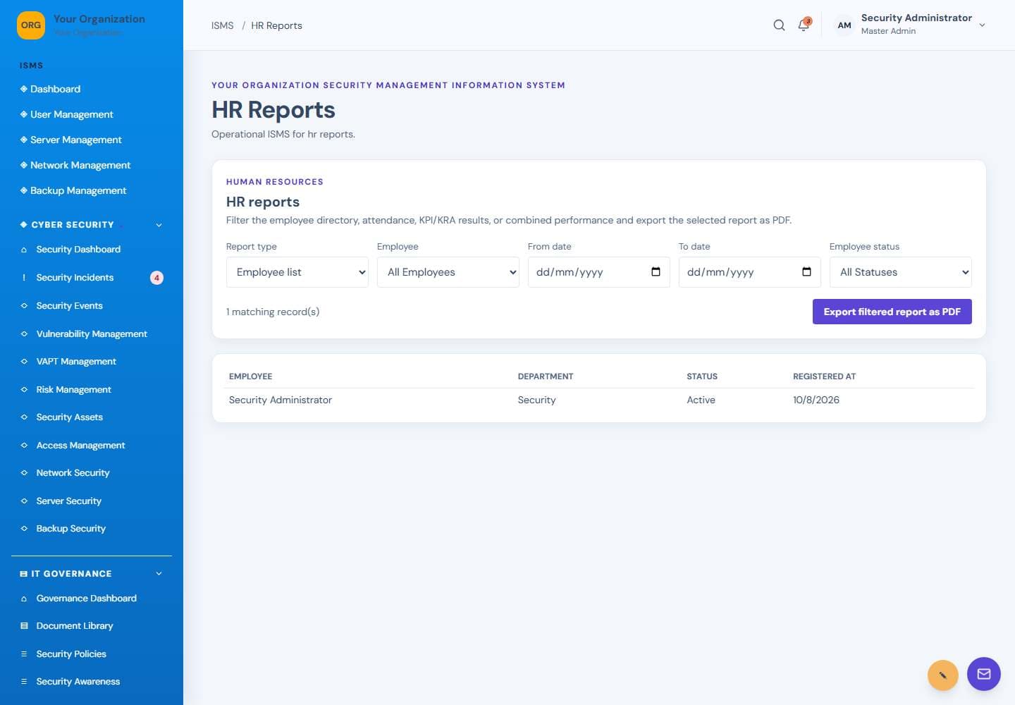 HR Reports screen: HR reports