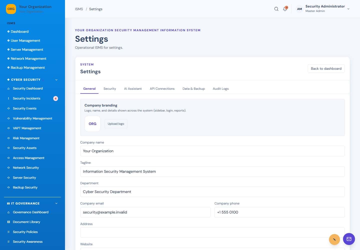 Settings screen: Application settings
